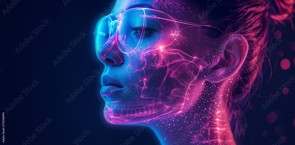 Close up view side profile shot of beautiful woman face in glasses with anatomical x-ray skeleton details. Bright led neon lights, pink and blue color background with copy space
