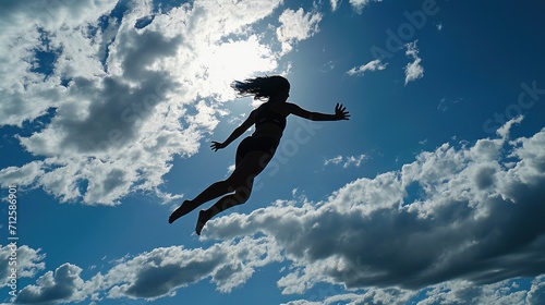  a silhouette of a woman in the air with her arms outstretched in front of a blue sky with white clouds.