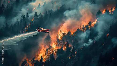 An airplane extinguishes a forest fire photo