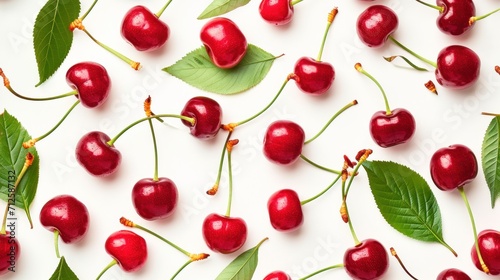  a bunch of cherries with green leaves on a white background with a white background with a white background and a few cherries of cherries with green leaves on a white background.
