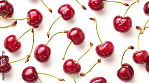  a bunch of cherries on a white surface with water droplets on the cherries and the tops of the cherries.