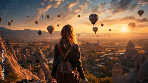 Amid the breathtaking scenery of Goreme, Turkey, a vacationer marvels at the beauty of Kapadokya, with stunning air balloons soaring through the sunrise-lit Anatolian sky. photo