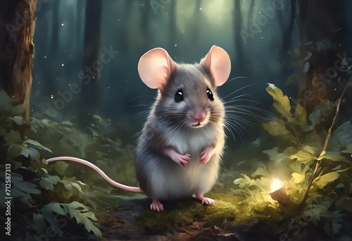 AI generated illustration of a curious mouse playing with a string toy in the forest