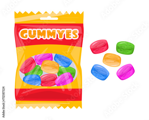 Fruity gummies package. Chewy jelly candy sweets with fruit flavors flat vector illustration. Sweet gummy jelly candies bag
