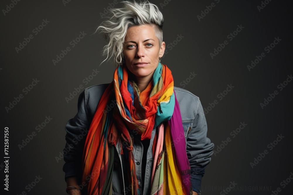 Portrait of a beautiful middle aged woman with colorful scarf over dark background. Portrait of a beautiful middle aged woman with colorful scarf over dark background.