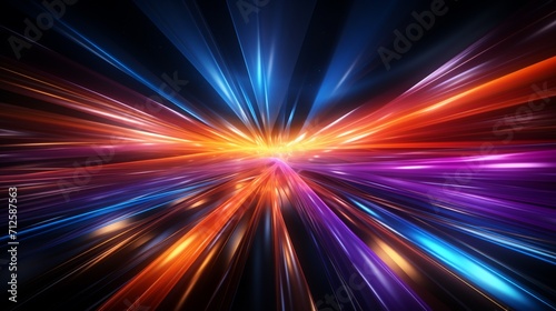An abstract multicolor spectrum background comes alive with bright orange and blue neon rays, complemented by colorful glowing lines .