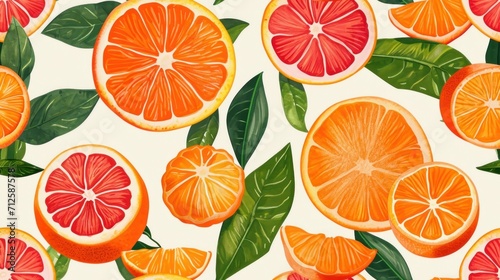  a close up of a bunch of oranges on a white background with green leaves and oranges cut in half.