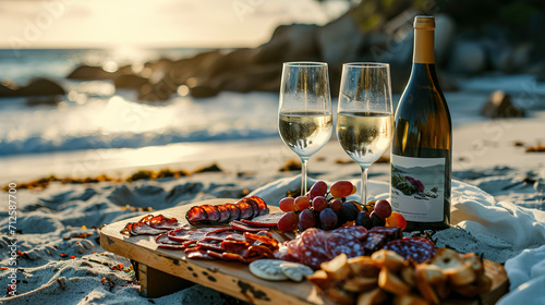 A picnic setting on a Beach with a meat charcuterie board and Wine. Beautiful sunset light near the sea at sunny summer day.