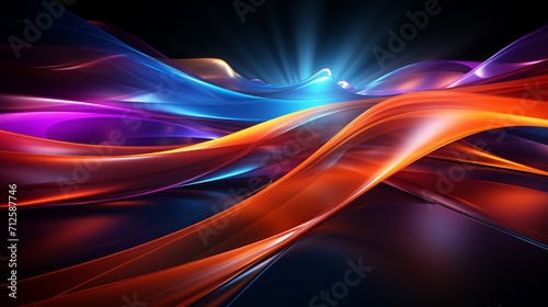 An abstract multicolor spectrum background comes alive with bright orange and blue neon rays  complemented by colorful glowing lines .
