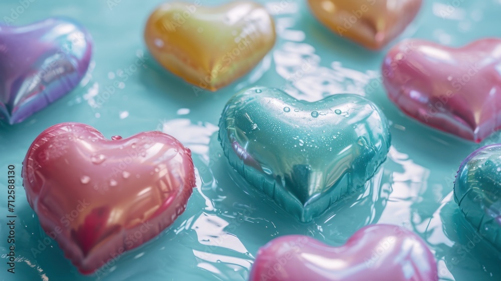 a group of heart shaped chocolates sitting on top of a blue counter top next to a cup of coffee. a group of heart shaped chocolates sitting on top of a blue counter top next to a cup of coffee.