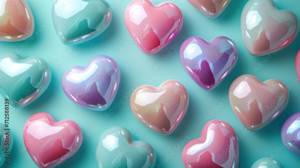  a group of heart shaped candies sitting next to each other on a blue surface with pink, blue, and green colors.