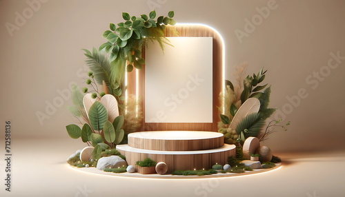 the 3D rendering images of the empty space podium designed for product mockups with a natural theme photo