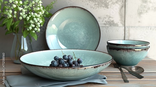  a close up of a bowl on a table with a plate and a bowl with grapes in it and a vase with flowers in the background.