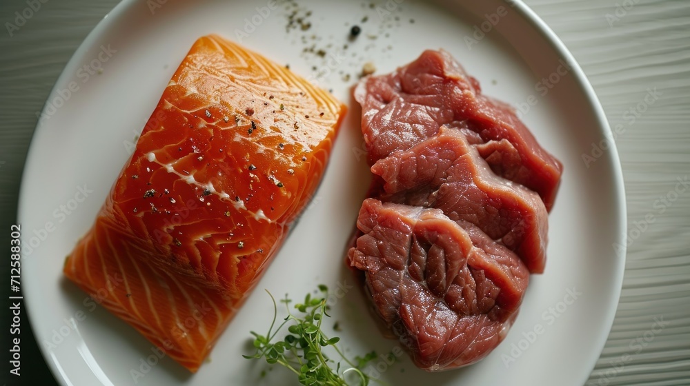 a white plate topped with two pieces of fish next to a piece of fish on top of a piece of meat. a white plate topped with two pieces of fish next to a piece of fish on top of a piece of meat.