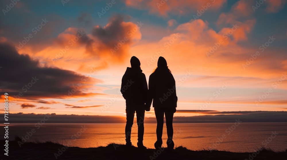  a couple of people standing next to each other in front of a body of water with a sunset in the background.