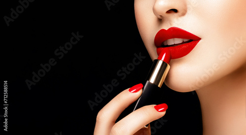 Make up. Close up cropped portrait of female fashion model with glance bright manicure applying red matte lipstick on her lips. Black background with copy space