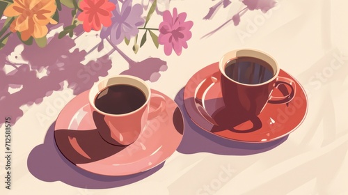  a painting of two cups of coffee on a saucer and saucer with a vase of flowers in the background.