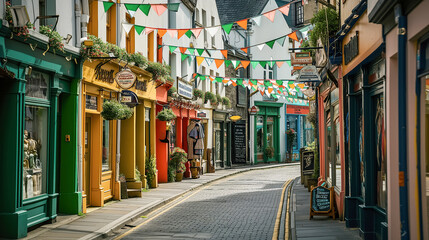 Empty city street decorated with garlands and traditional green orange flags for St. Patrick's Day carnival