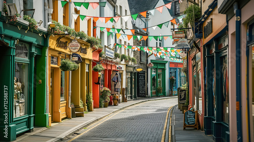 Empty city street decorated with garlands and traditional green orange flags for St. Patrick's Day carnival photo