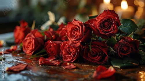  a bunch of red roses sitting on top of a table next to a candle and some flowers on top of a table.