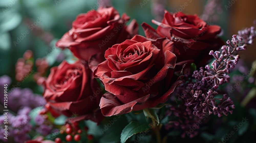 a bunch of red roses sitting on top of a bouquet of purple and red flowers with greenery in the background. a bunch of red roses sitting on top of a bouquet of purple and red flowers with greenery in the background.