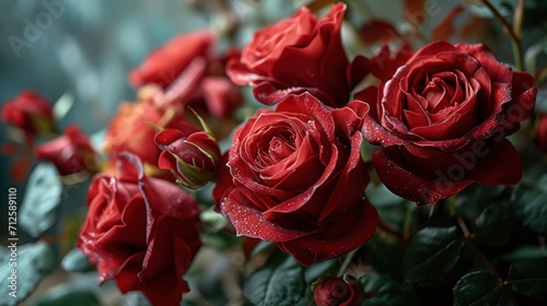  a close up of a bunch of red roses with drops of water on the petals and leaves on the stems.