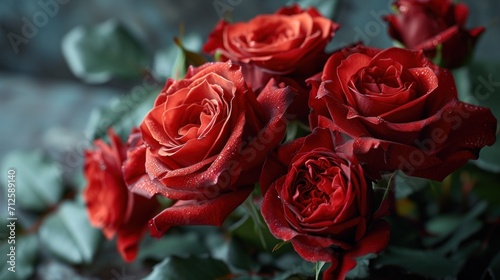  a bouquet of red roses sitting on top of a green leafy plant with drops of water on the petals.