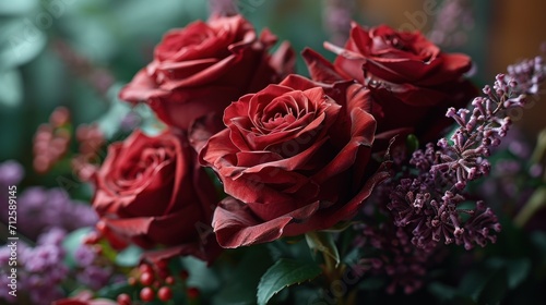  a bunch of red roses sitting on top of a bouquet of purple and red flowers with greenery in the background.