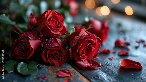  a bunch of red roses sitting on top of a table next to a bunch of red rose petals on a table.