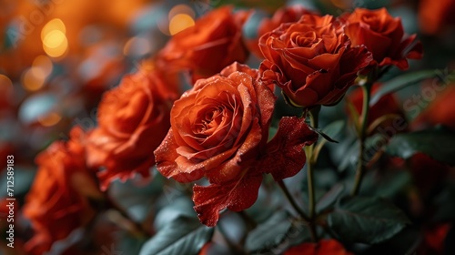  a close up of a bunch of red roses with a blurry background of other red roses in the background.