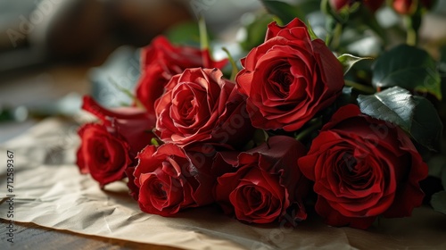  a bouquet of red roses sitting on top of a piece of wax paper on top of a wooden table top.