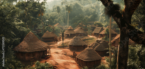 a road leading through an african village with huts and and a natural environment