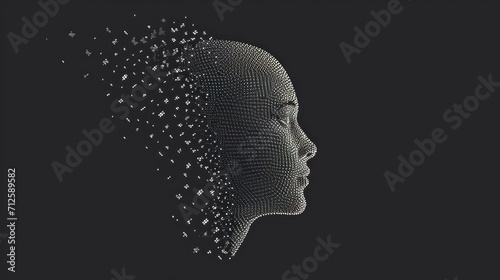  a black and white photo of a person's head with a lot of dots coming out of the head.