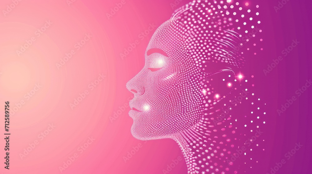  a woman's face with dots in the shape of a woman's head, on a pink background.