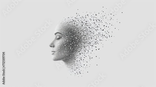  a black and white photo of a woman's face with dots in the shape of a woman's head.