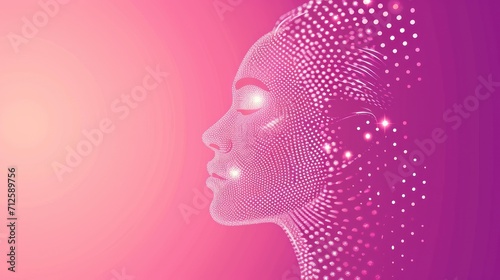  a woman's face with dots in the shape of a woman's head, on a pink background.