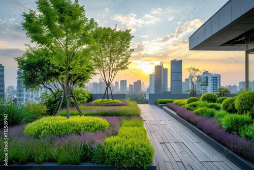 Green rooftop park in urban environment with skyline background rooftop gardening