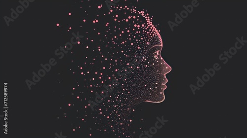  a woman s face with a lot of dots in the shape of a woman s head on a black background.