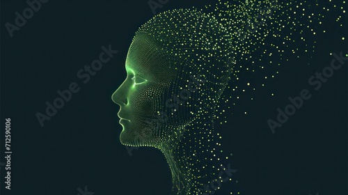  a woman's head with a lot of dots in the shape of a woman's head on a dark background.