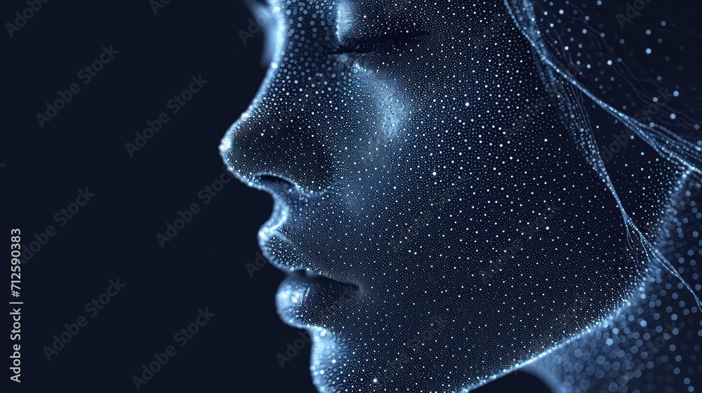 a close up of a person's face with dots all over the face and in the background, there is a black background. a close up of a person's face with dots all over the face and in the background, there is a black background.