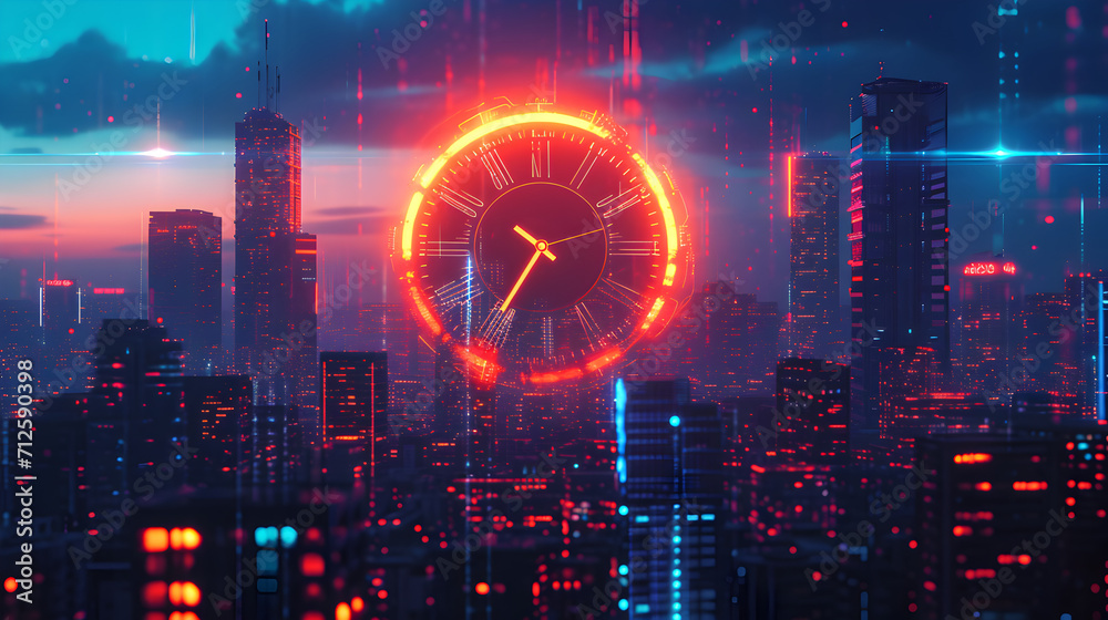 Obraz premium Digital City with Neon Clock