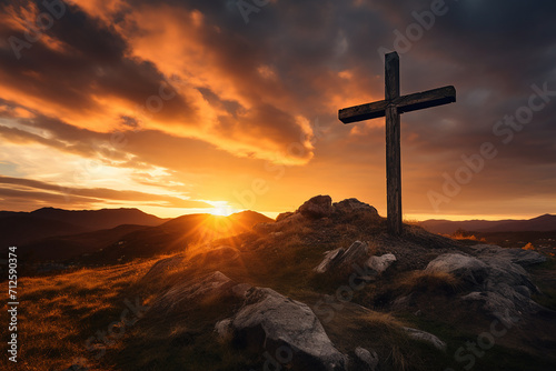 Serene sunset sky gracefully frames a cross, creating a powerful and contemplative scene. Ideal stock photo for religious, inspirational, and tranquil themes