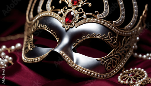 Elegant Masquerade Mask Adorned with Intricate Design and Red Gemstone