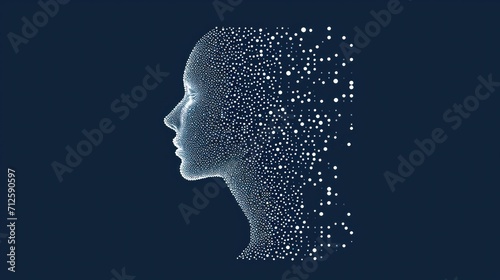  a woman's head with dots in the shape of a woman's head on a dark blue background.