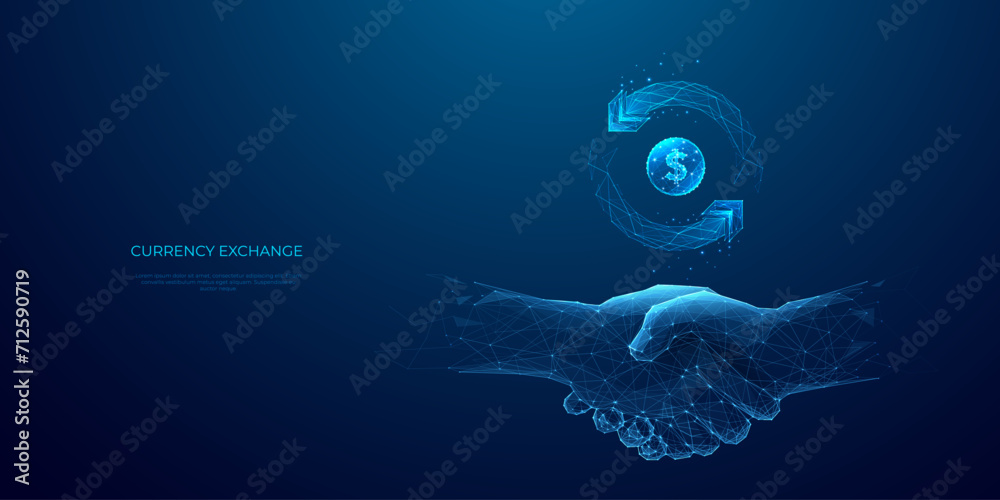 Abstract partnership, Best Deal, Investment Business finance concept. Digital handshake of partners, and exchange money symbol in light blue on technology background. 3D polygonal Vector illustration. - obrazy, fototapety, plakaty 