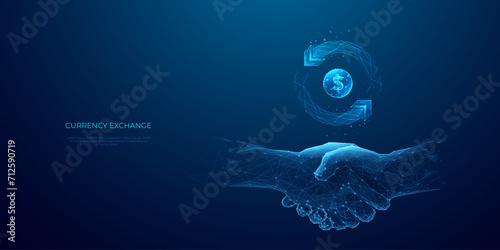 Abstract partnership, Best Deal, Investment Business finance concept. Digital handshake of partners, and exchange money symbol in light blue on technology background. 3D polygonal Vector illustration.