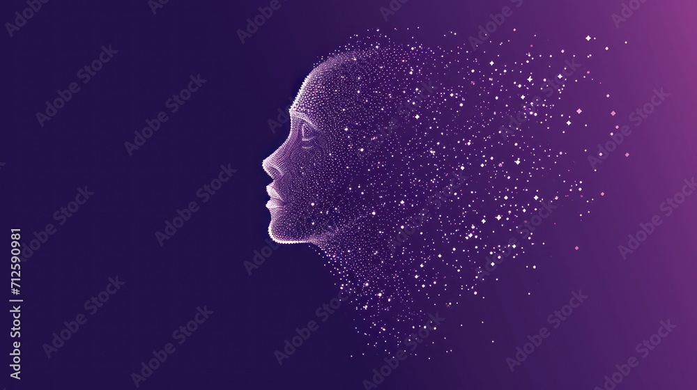 a close up of a person's face with stars coming out of the side of the face on a purple background. a close up of a person's face with stars coming out of the side of the face on a purple background.