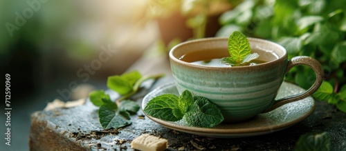 Cup of relaxing herbal tea made from fresh green melissa.
