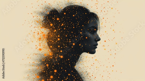  a woman's profile is shown with orange and black sprinkles all over her face and neck.