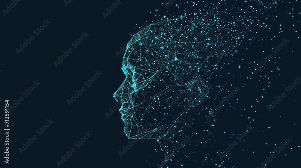 the head of a person with a network of dots in the shape of a human head on a dark background.